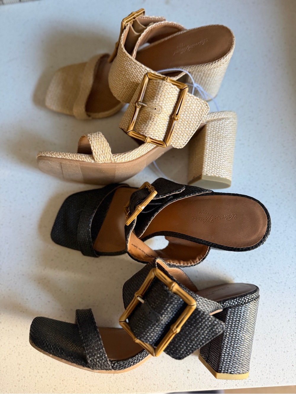 Universal Thread Black & Raffia Woven Block Heel Sandals with Gold Buckle